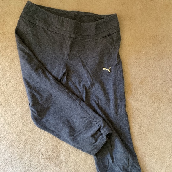 PUMA pants gray gather leg hems.  Waist to leg hem 26”.  Waist 15” side to side. - Picture 1 of 2